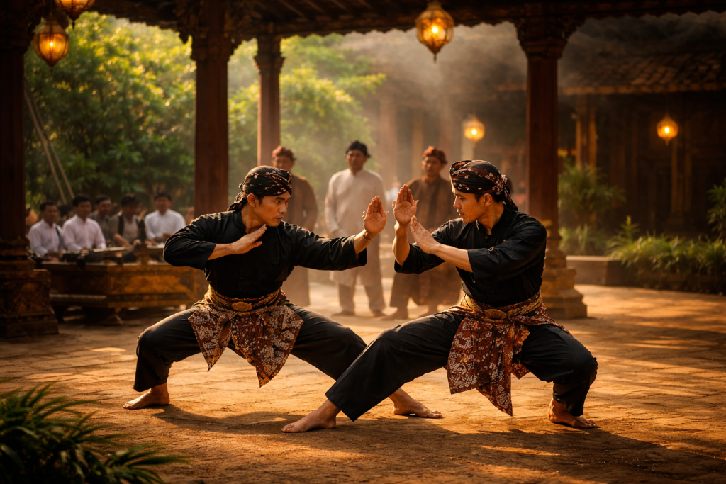 Pesilat menampilkan gerakan pencak silat tradisional Indonesia sebagai warisan budaya dan seni bela diri nusantara.