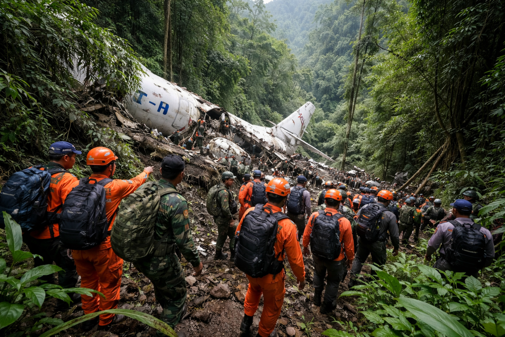 Tim SAR gabungan melakukan pencarian korban kecelakaan pesawat ATR 42-500 di lereng Gunung Bulusaraung, Kabupaten Pangkep, Sulawesi Selatan, di tengah medan hutan pegunungan yang terjal.