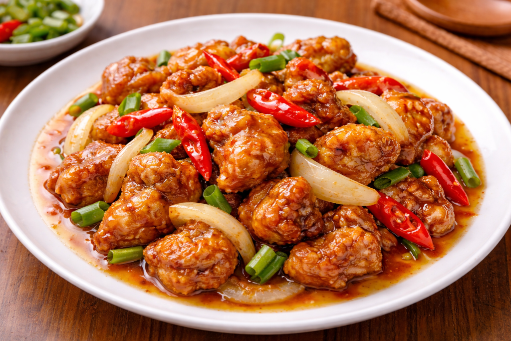 Ayam goreng mentega ala restoran China dengan potongan ayam renyah berbalut saus mentega gurih manis, disajikan bersama bawang bombai dan cabai merah.