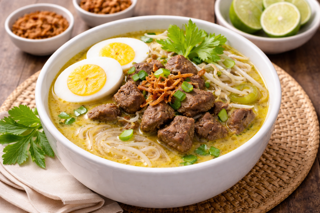 Soto daging bersantan dengan kuah santan gurih, potongan daging sapi empuk, telur rebus, dan pelengkap tradisional khas Indonesia.