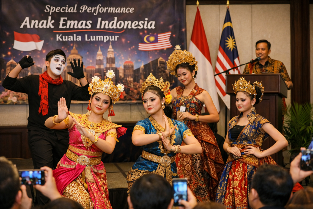 Seniman muda Indonesia menampilkan seni tari dan budaya Nusantara dalam pertunjukan diplomasi budaya di Kuala Lumpur, Malaysia.