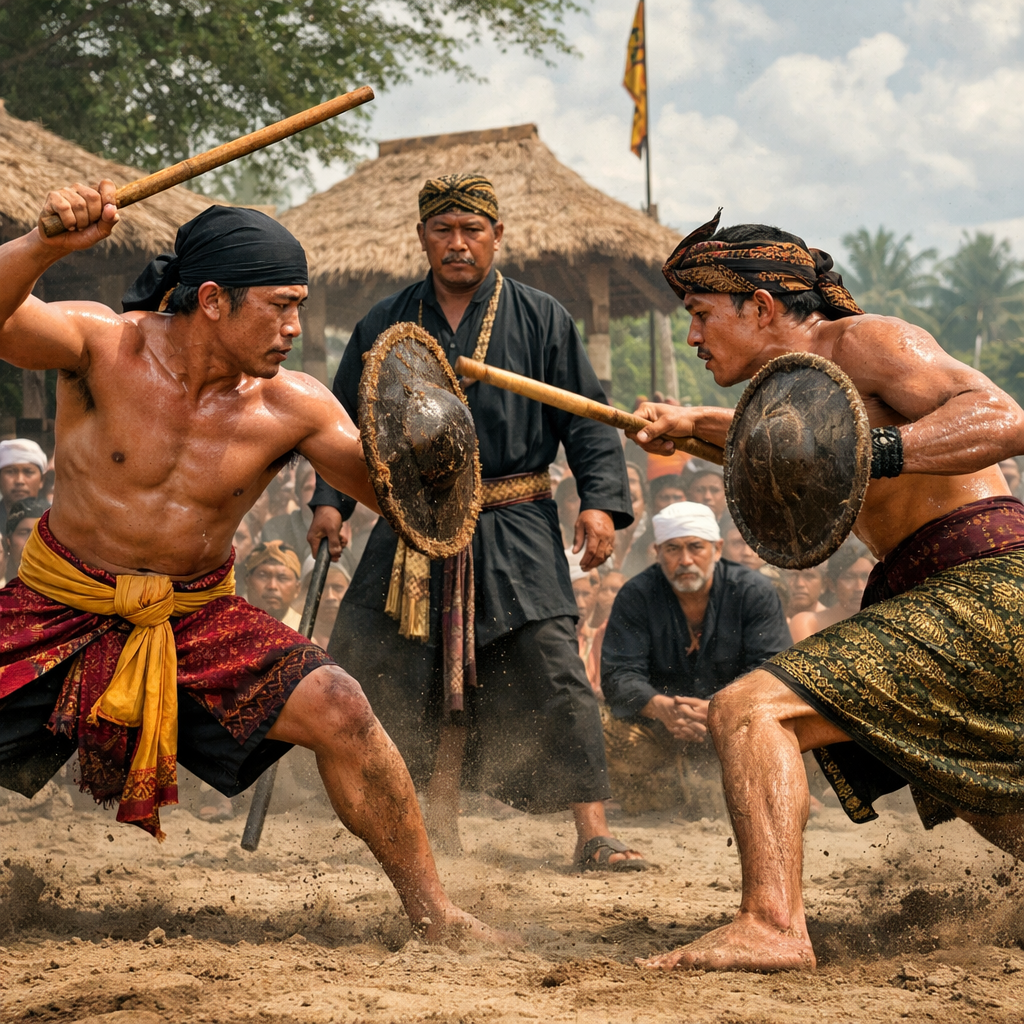 Tradisi Karaci, seni pertarungan tradisional masyarakat Sumbawa dengan tongkat dan perisai sebagai simbol keberanian dan nilai budaya