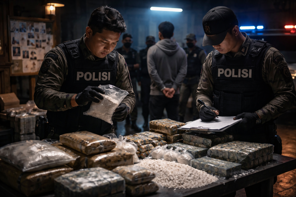 Polisi melakukan penyelidikan kasus narkoba dengan memeriksa barang bukti narkotika