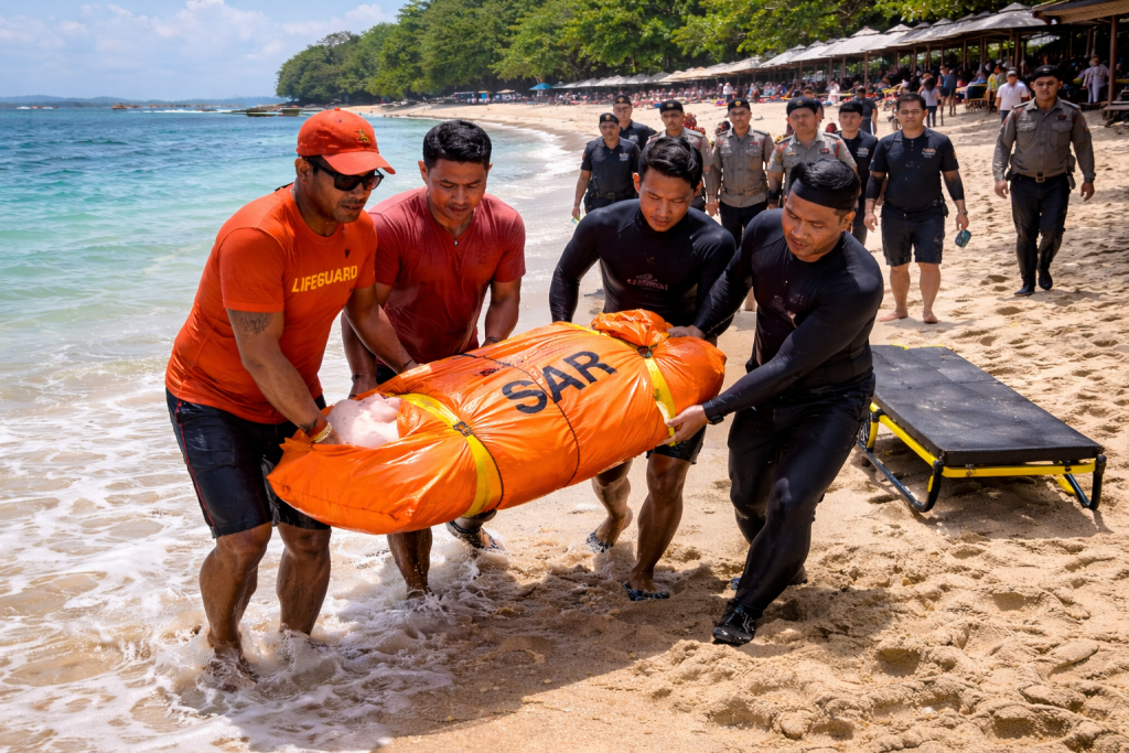 Petugas mengevakuasi turis asal China yang tewas tenggelam di Pantai Nusa Dua, Bali