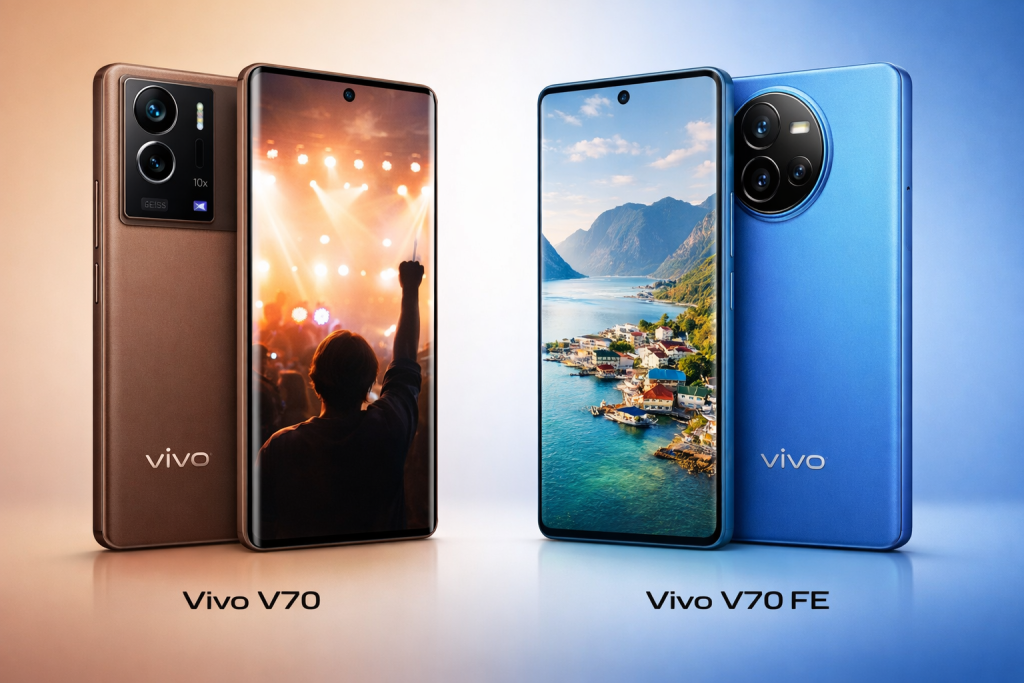 Vivo V70 berwarna Sandalwood Brown dan Vivo V70 FE berwarna Ocean Blue