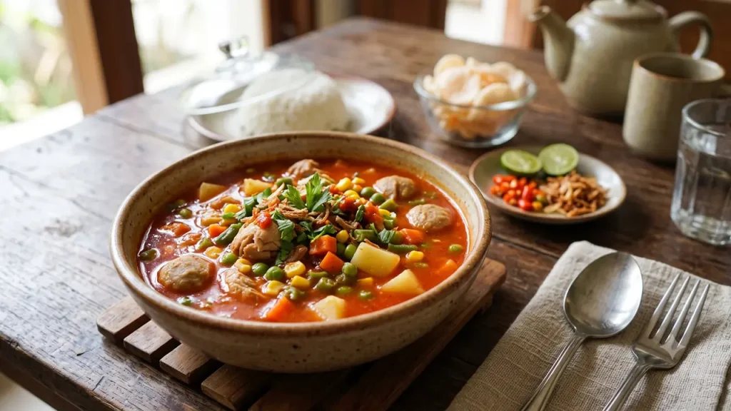 Sup merah ala rumahan dengan kuah tomat kental berisi potongan ayam, sosis, wortel, kacang polong, dan taburan daun bawang dalam mangkuk saji hangat.