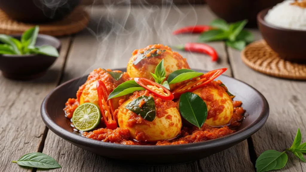 Sepiring telur bumbu rica rica pedas dengan bumbu merah meresap disajikan bersama nasi putih hangat.